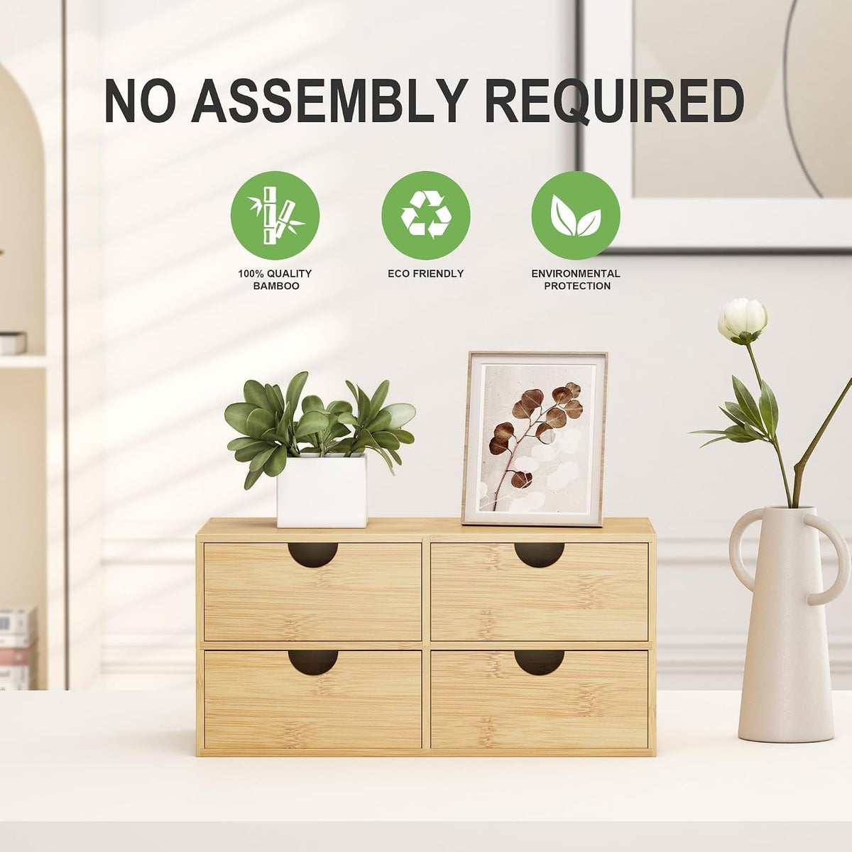 Bamboo Desk Organizer with Drawers, Desktop Storage Box for Office Supplies