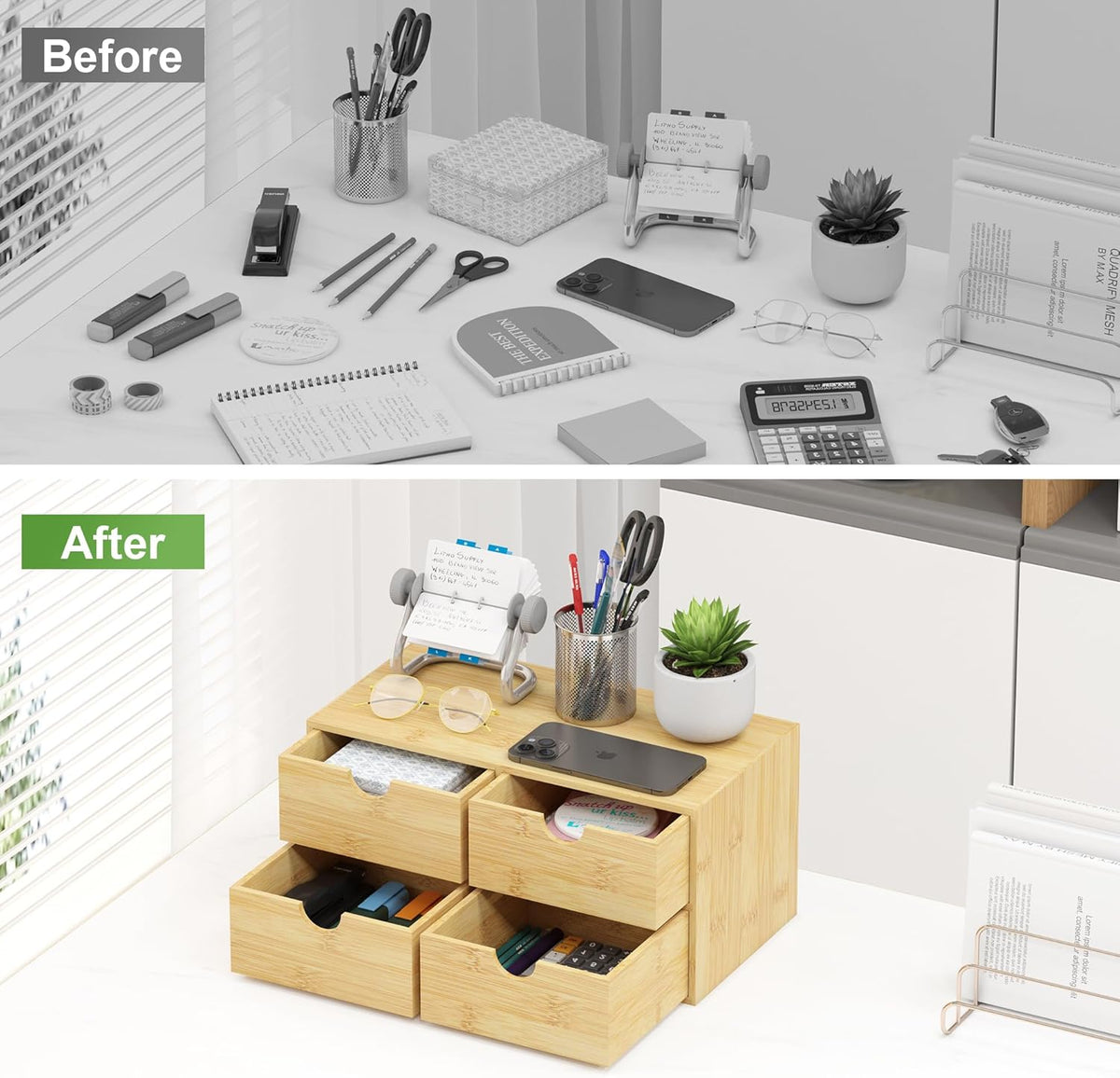 Bamboo Desk Organizer with Drawers, Desktop Storage Box for Office Supplies