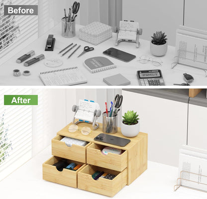Bamboo Desk Organizer with Drawers, Desktop Storage Box for Office Supplies
