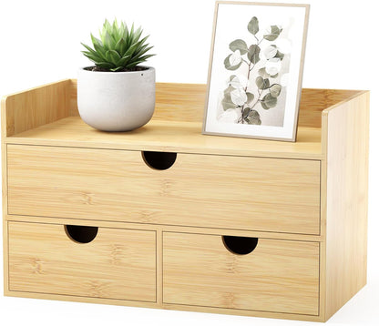 Bamboo Desk Organizer with Drawers, Desktop Storage Box for Office Supplies