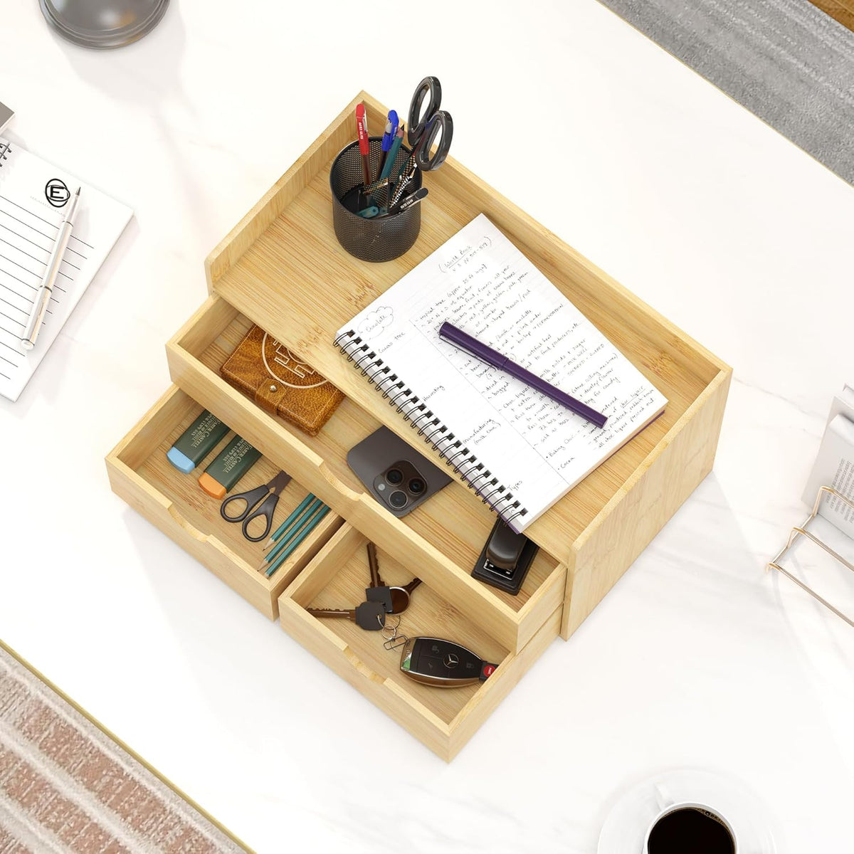 Bamboo Desk Organizer with Drawers, Desktop Storage Box for Office Supplies