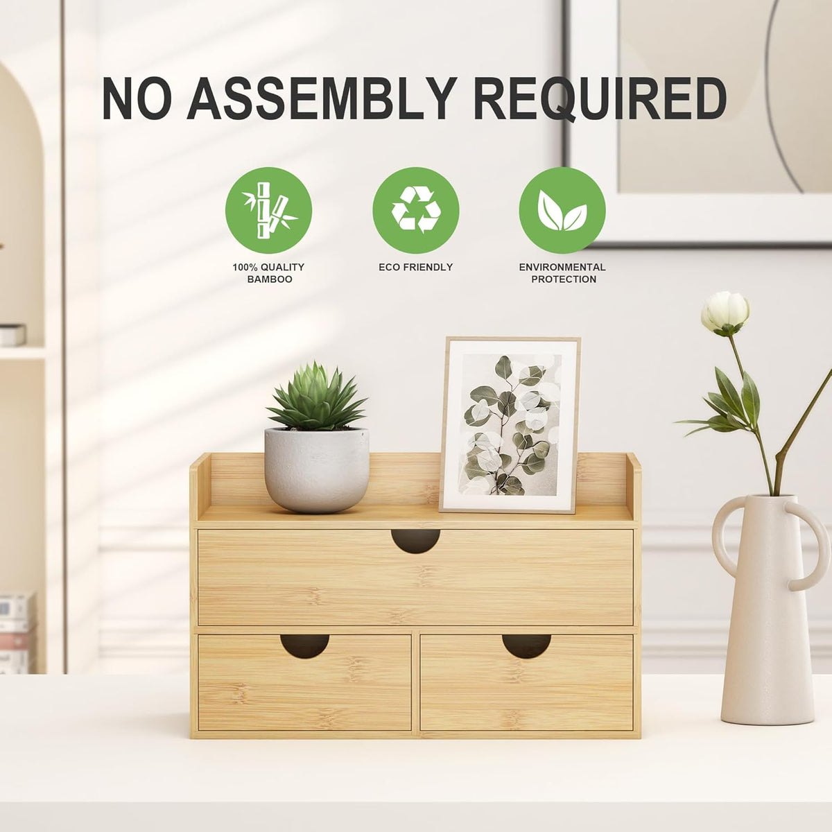 Bamboo Desk Organizer with Drawers, Desktop Storage Box for Office Supplies