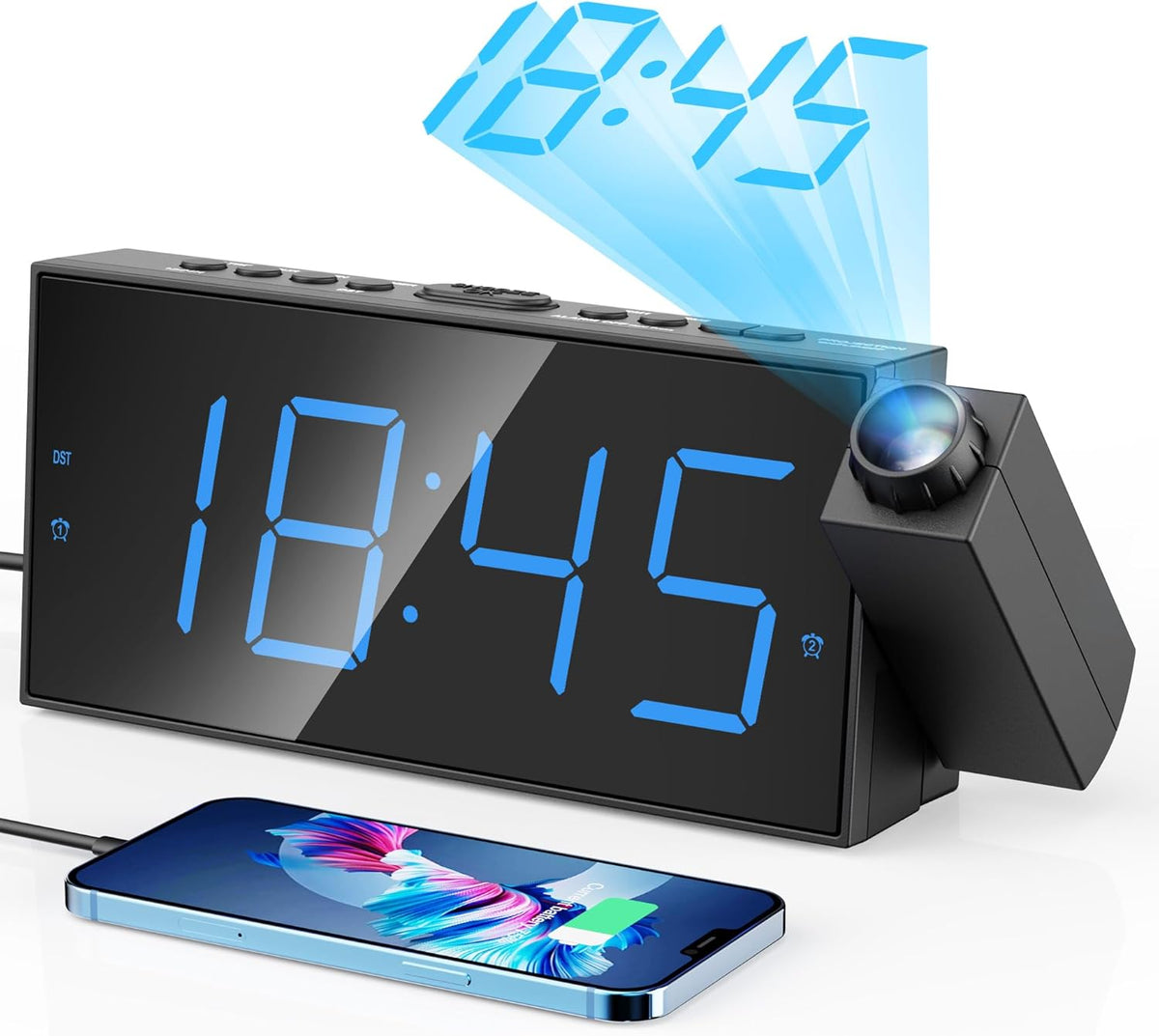 Digital Projection Alarm Clock with Dual Alarms, 5 Levels Dimmer