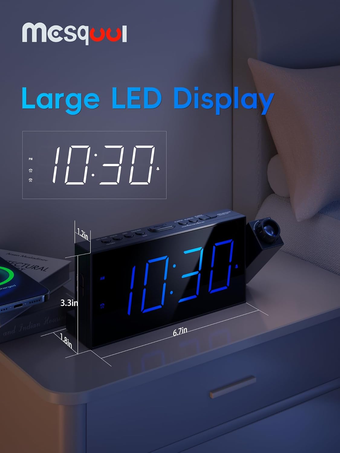 Digital Projection Alarm Clock with Dual Alarms, 5 Levels Dimmer