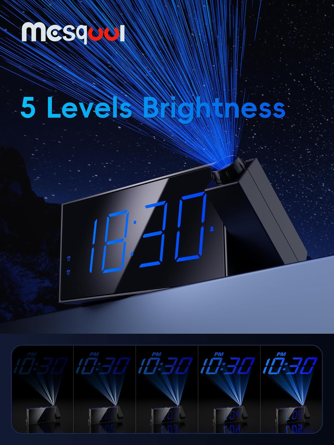 Digital Projection Alarm Clock with Dual Alarms, 5 Levels Dimmer