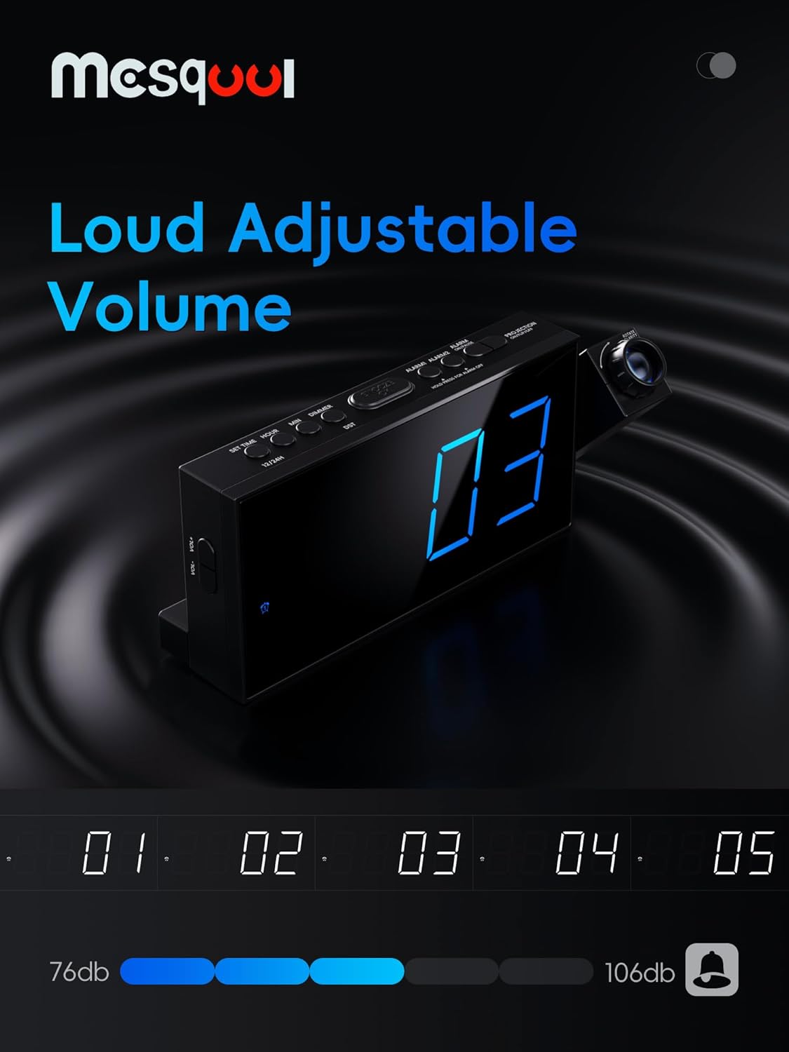 Digital Projection Alarm Clock with Dual Alarms, 5 Levels Dimmer