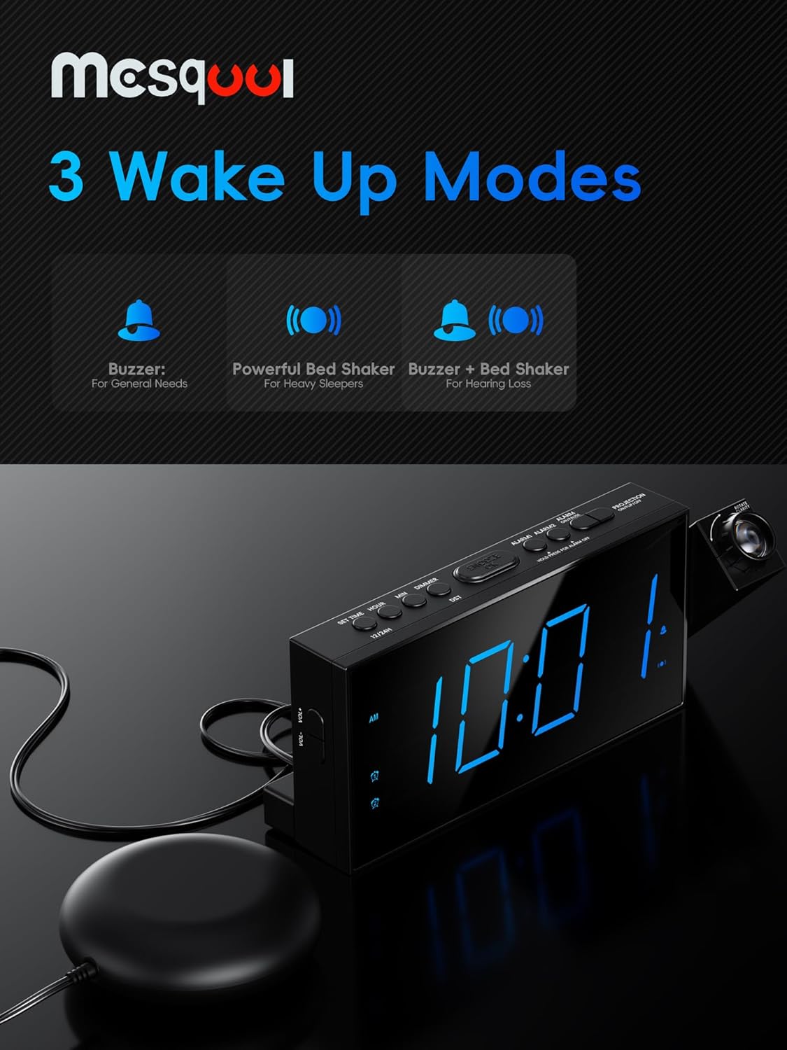 Digital Projection Alarm Clock with Dual Alarms, 5 Levels Dimmer