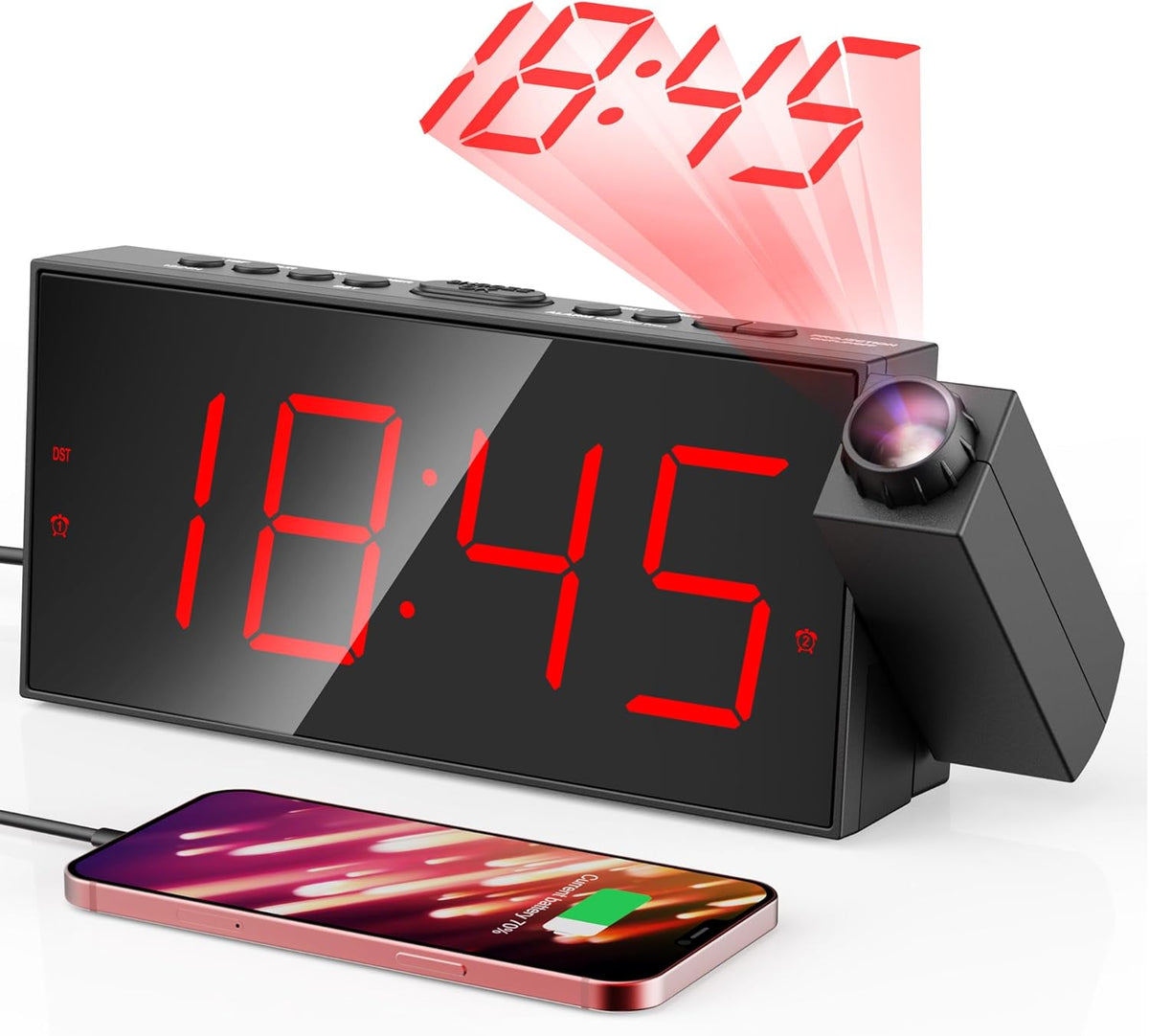 Digital Projection Alarm Clock with Dual Alarms, 5 Levels Dimmer