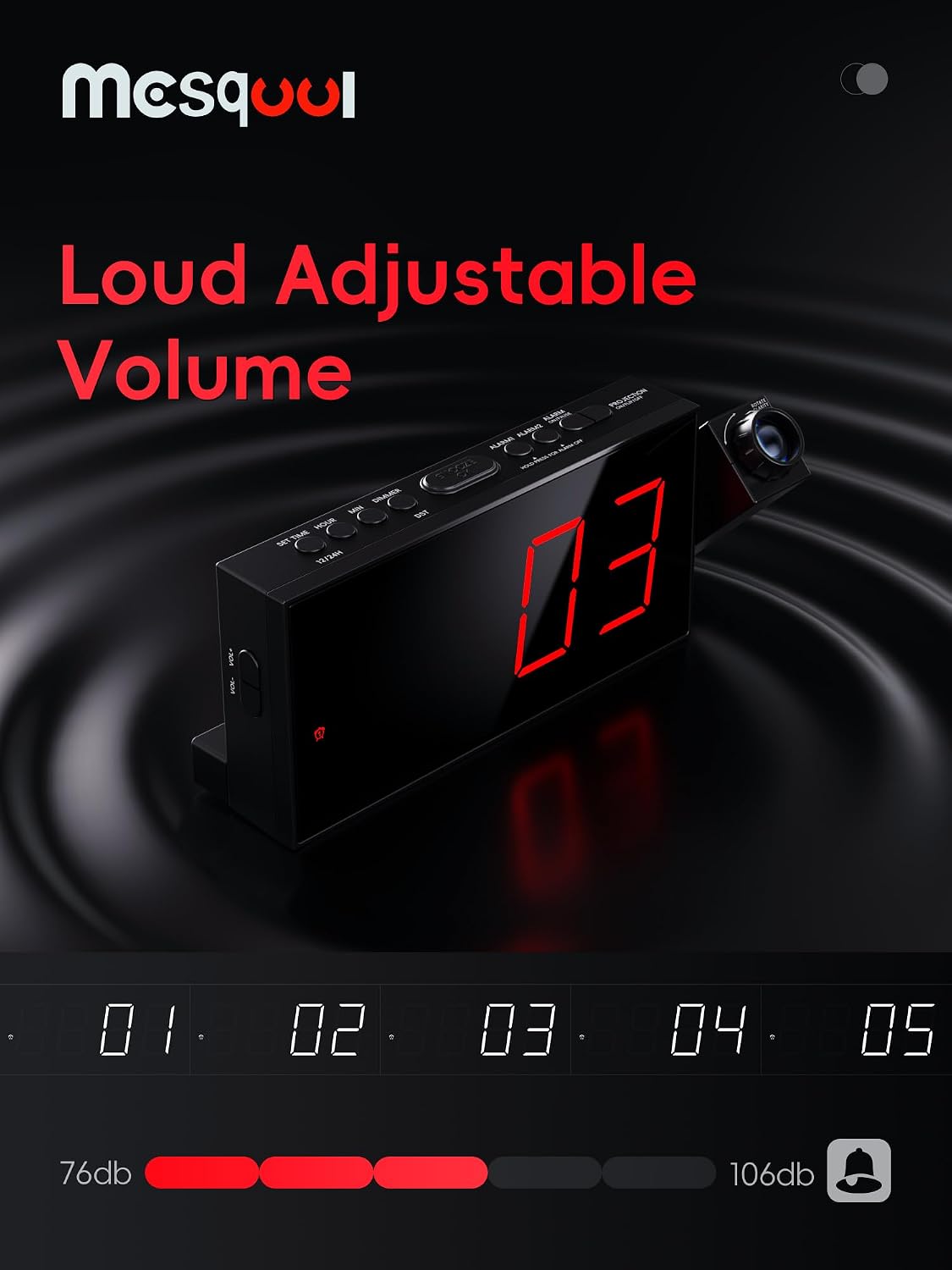 Digital Projection Alarm Clock with Dual Alarms, 5 Levels Dimmer