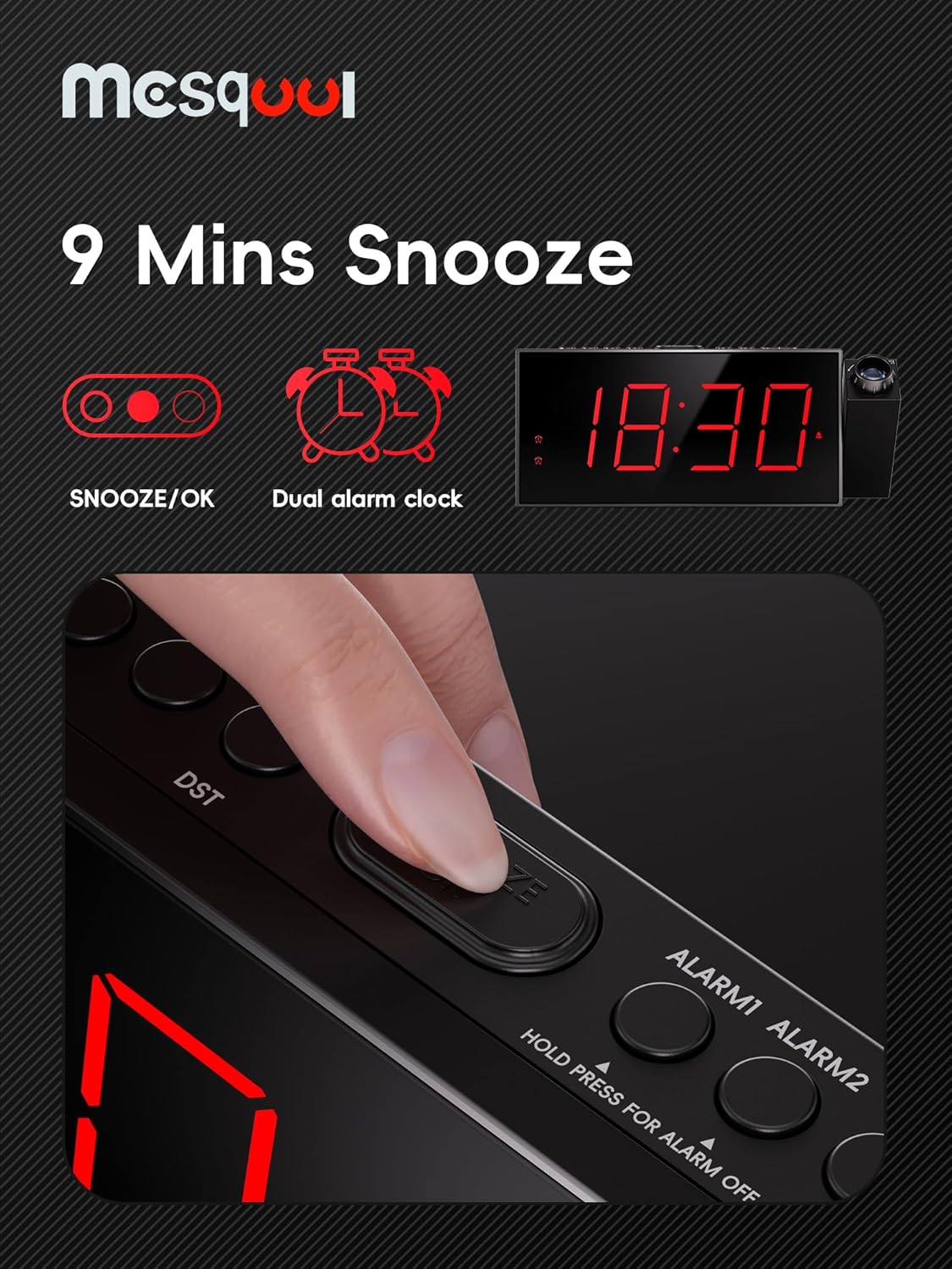 Digital Projection Alarm Clock with Dual Alarms, 5 Levels Dimmer