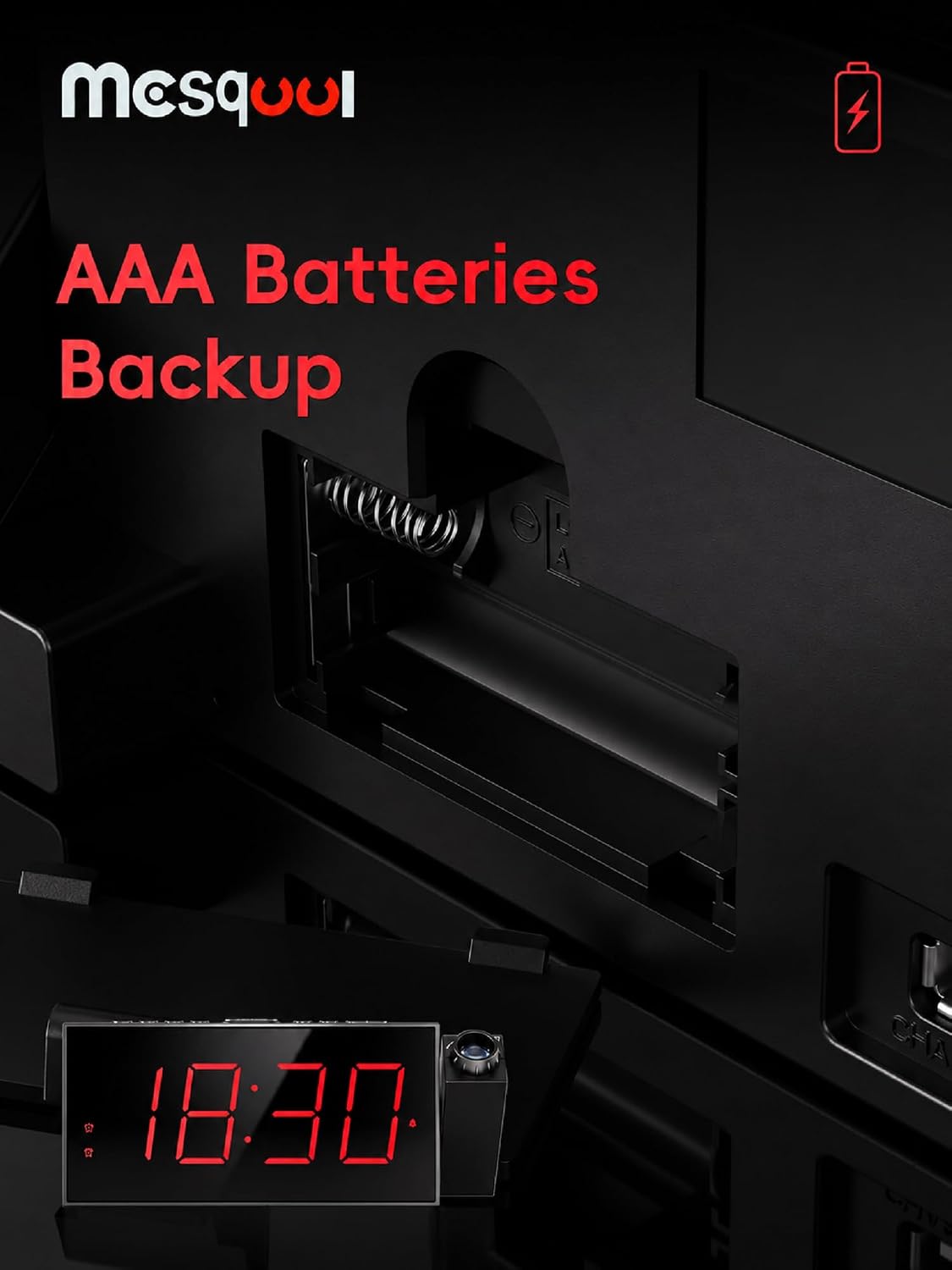 Digital Projection Alarm Clock with Dual Alarms, 5 Levels Dimmer