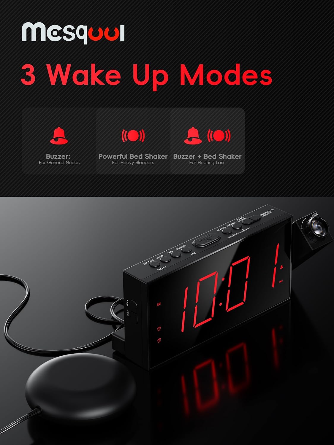 Digital Projection Alarm Clock with Dual Alarms, 5 Levels Dimmer