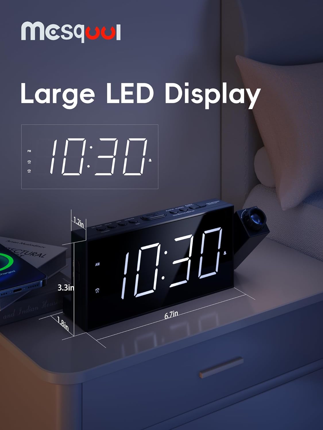 Digital Projection Alarm Clock with Dual Alarms, 5 Levels Dimmer
