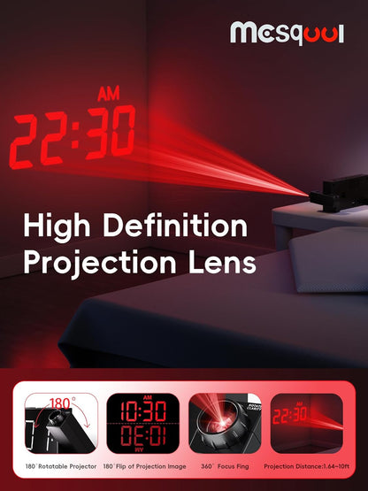 Digital Projection Alarm Clock with Dual Alarms, 5 Levels Dimmer