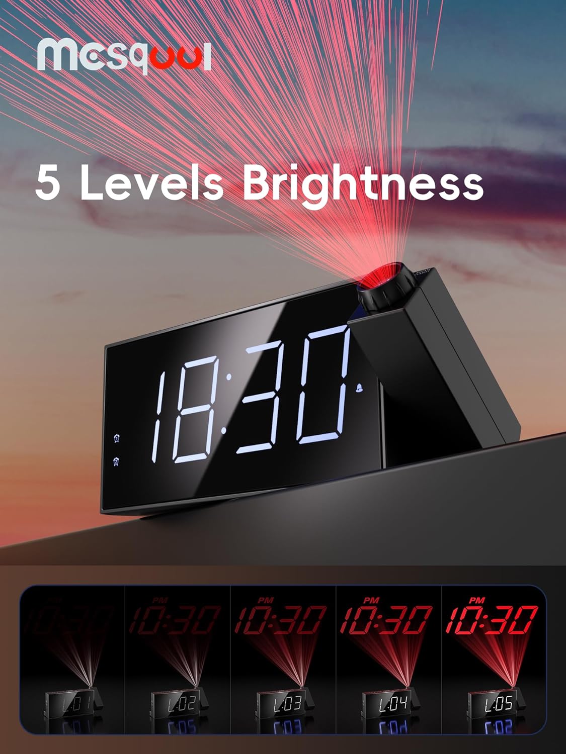 Digital Projection Alarm Clock with Dual Alarms, 5 Levels Dimmer