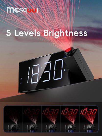 Digital Projection Alarm Clock with Dual Alarms, 5 Levels Dimmer