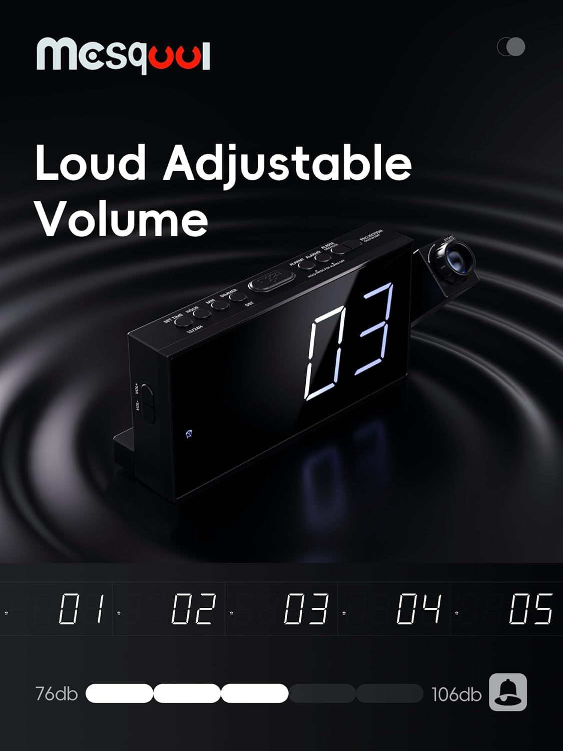 Digital Projection Alarm Clock with Dual Alarms, 5 Levels Dimmer