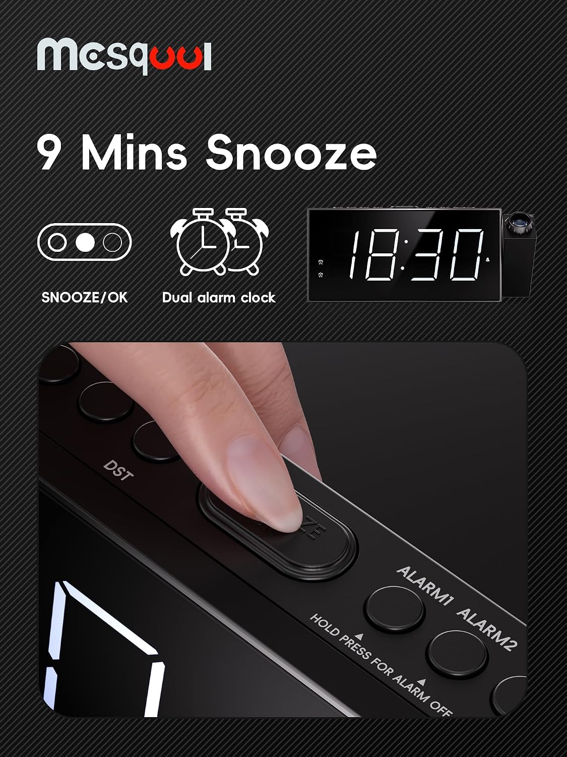 Digital Projection Alarm Clock with Dual Alarms, 5 Levels Dimmer