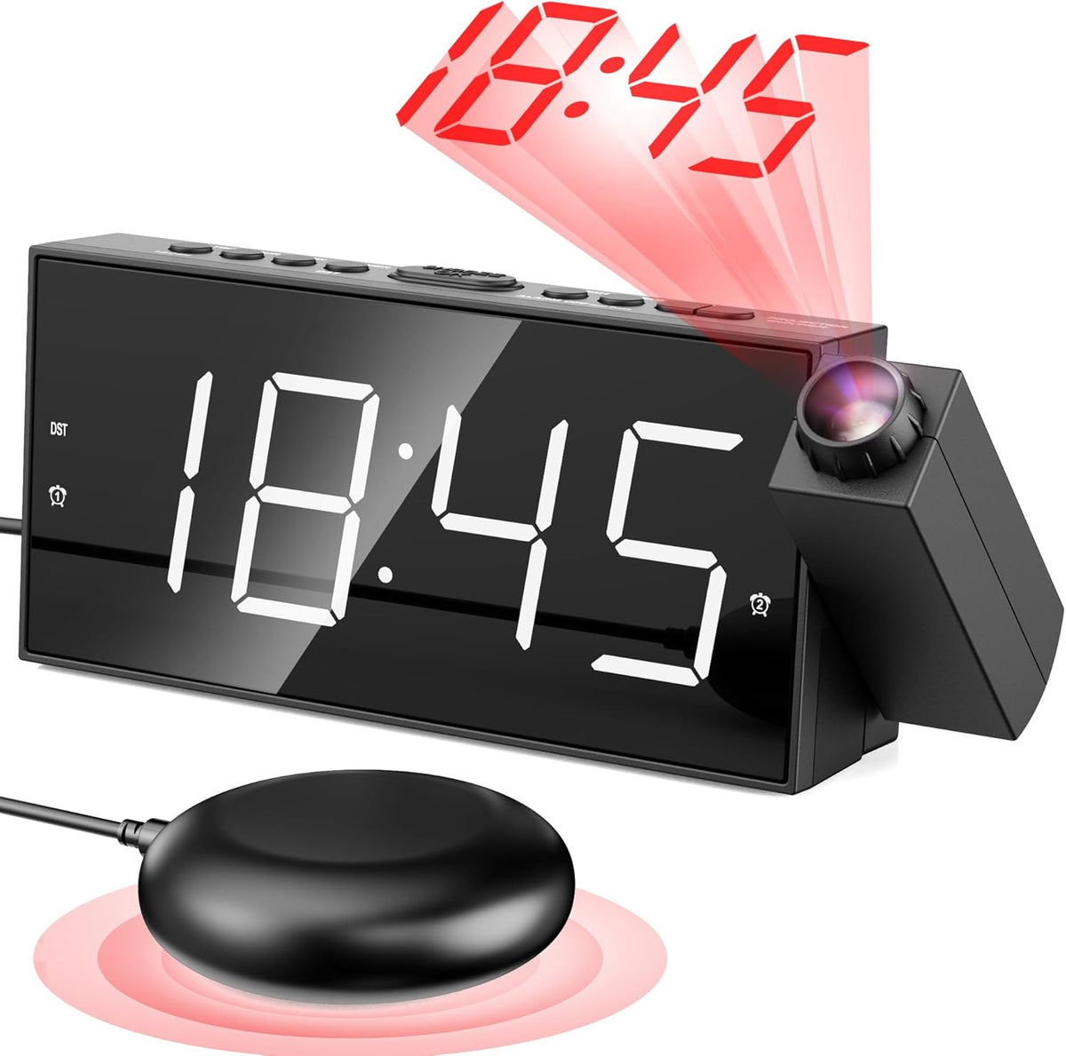 Digital Projection Alarm Clock with Dual Alarms, 5 Levels Dimmer