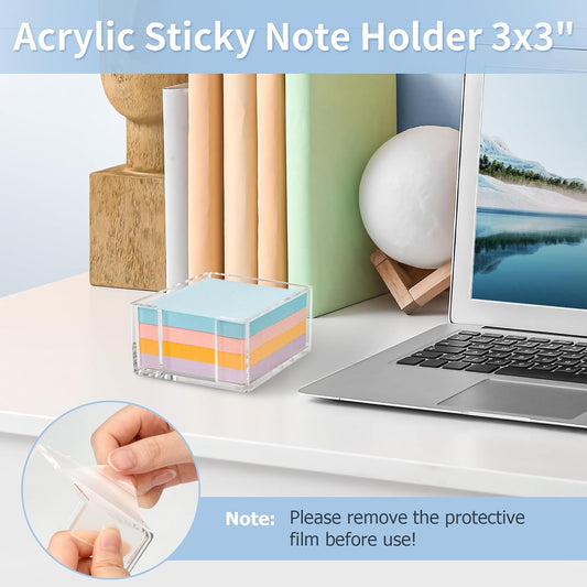 Acrylic Sticky Note Holder, 3 x 3 Crystal Clear Sticky Note Dispenser Acrylic Notepad Holder for School Home Office Desk Organization