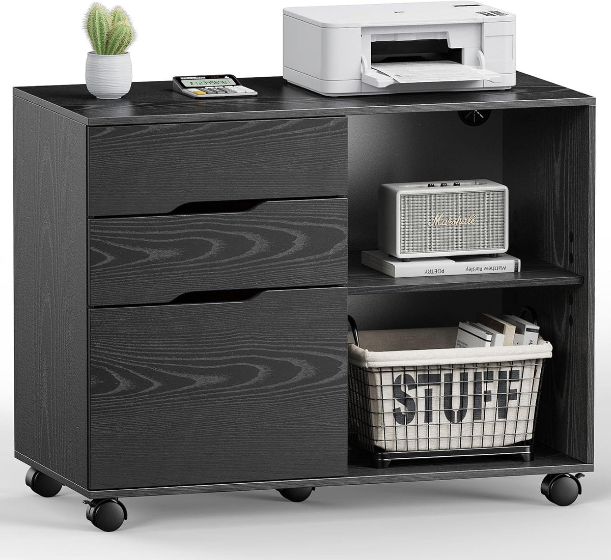DUMOS 3 Drawer Rolling File Cabinet, Wood Printer Stand with Storage