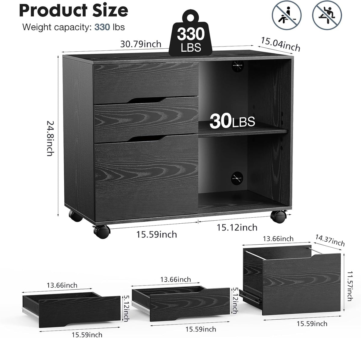 DUMOS 3 Drawer Rolling File Cabinet, Wood Printer Stand with Storage