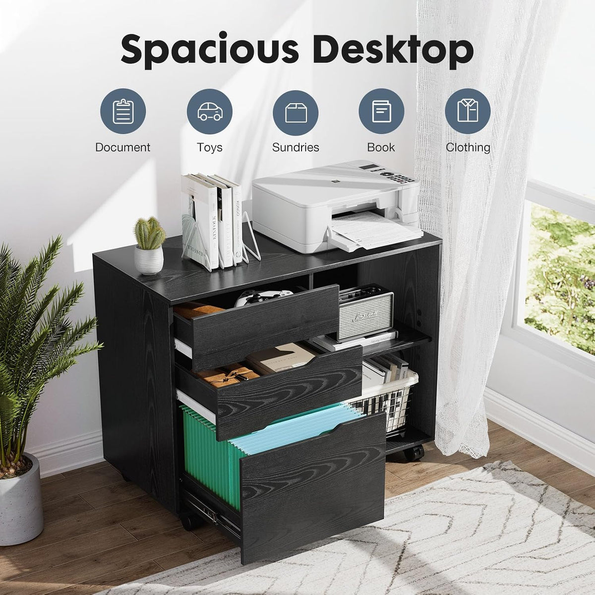 DUMOS 3 Drawer Rolling File Cabinet, Wood Printer Stand with Storage