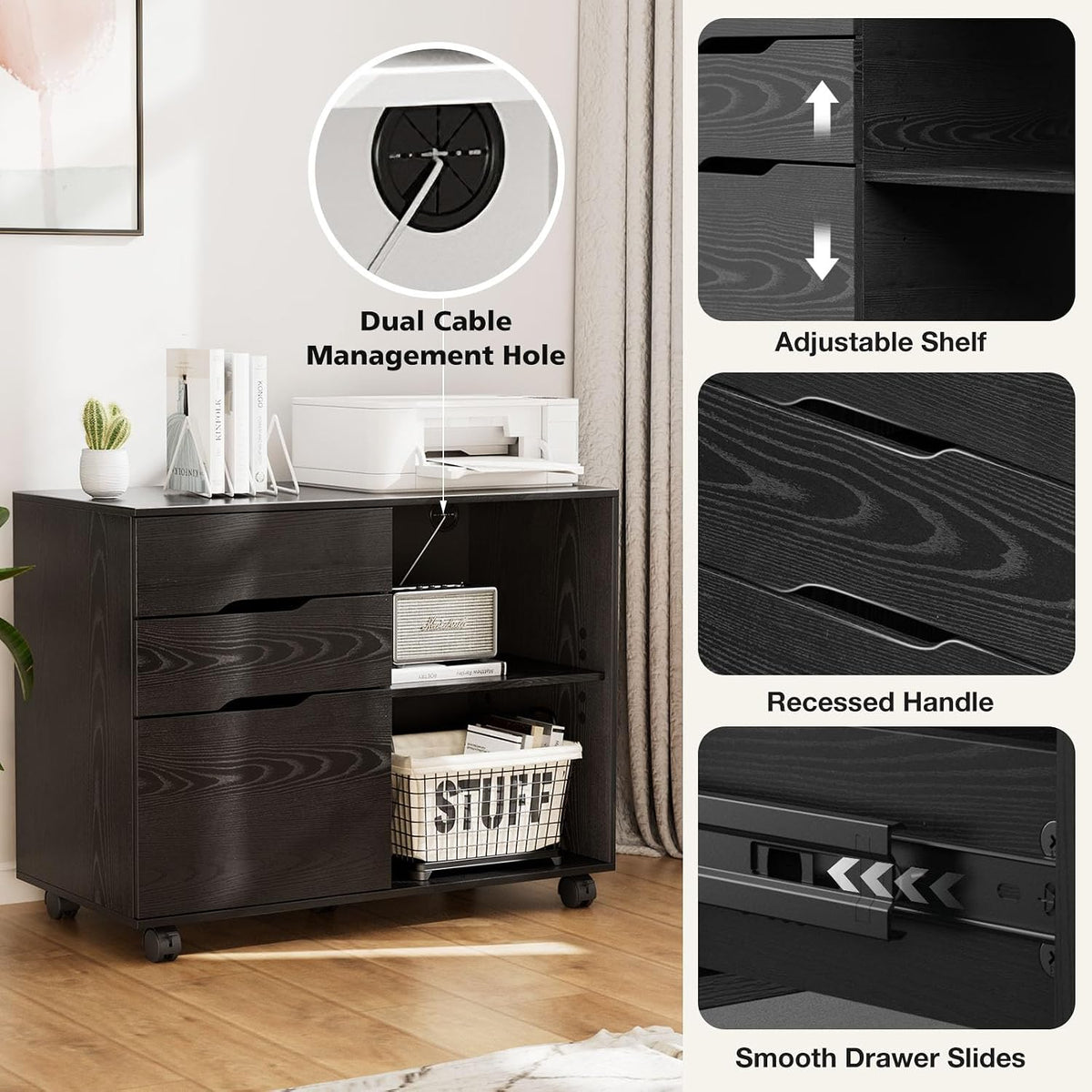 DUMOS 3 Drawer Rolling File Cabinet, Wood Printer Stand with Storage