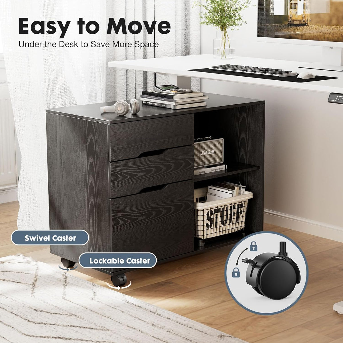 DUMOS 3 Drawer Rolling File Cabinet, Wood Printer Stand with Storage