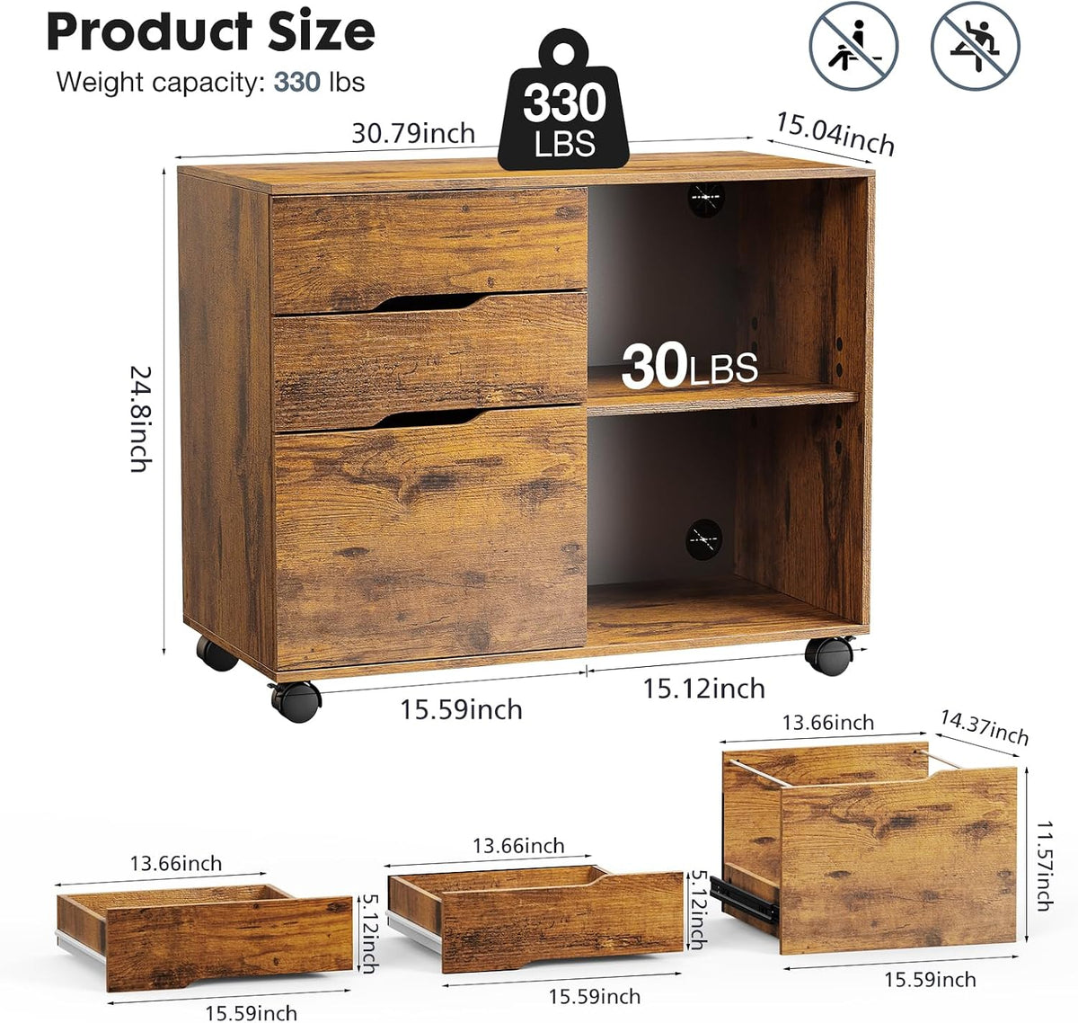 DUMOS 3 Drawer Rolling File Cabinet, Wood Printer Stand with Storage