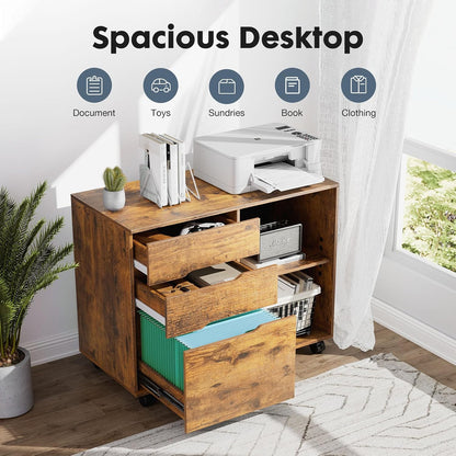 DUMOS 3 Drawer Rolling File Cabinet, Wood Printer Stand with Storage