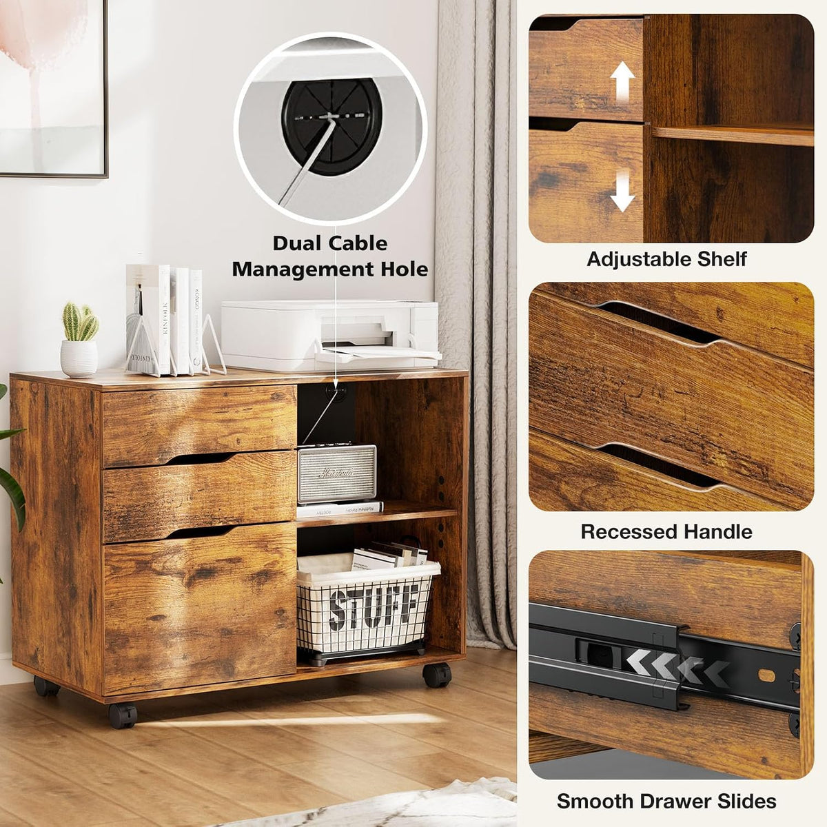 DUMOS 3 Drawer Rolling File Cabinet, Wood Printer Stand with Storage
