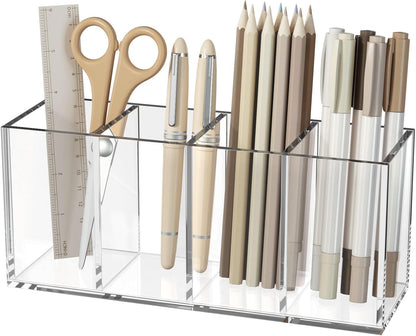 Acrylic Pen Holder 4 Compartments, Clear Desk Pencil Organizer Cup