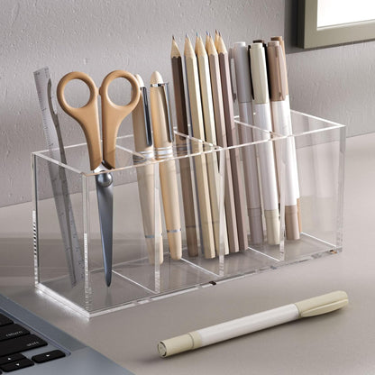 Acrylic Pen Holder 4 Compartments, Clear Desk Pencil Organizer Cup