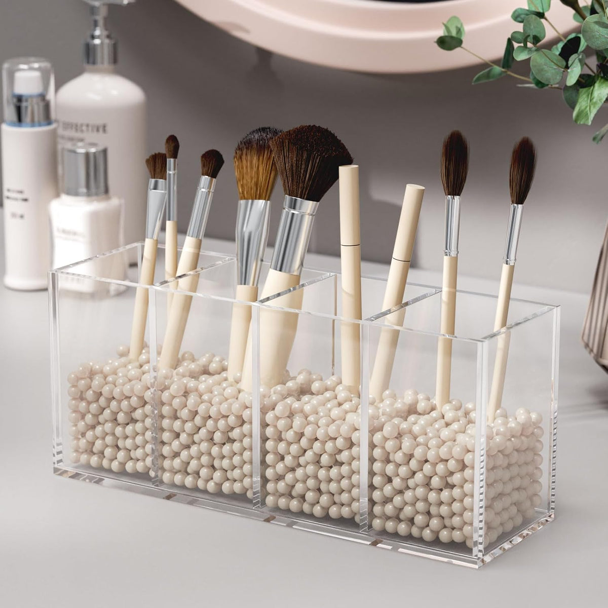 Acrylic Pen Holder 4 Compartments, Clear Desk Pencil Organizer Cup