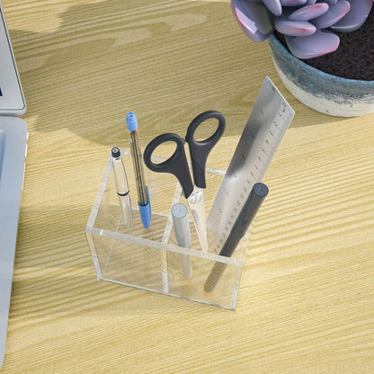 Acrylic Pen Holder 4 Compartments, Clear Desk Pencil Organizer Cup