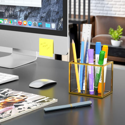 Acrylic Pen Holder 4 Compartments, Clear Desk Pencil Organizer Cup