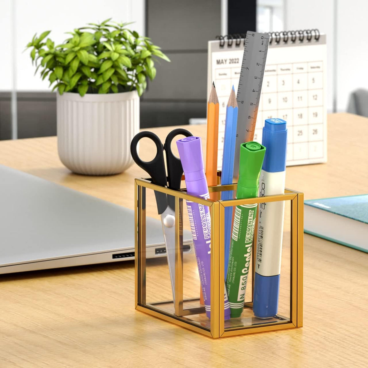 Acrylic Pen Holder 4 Compartments, Clear Desk Pencil Organizer Cup