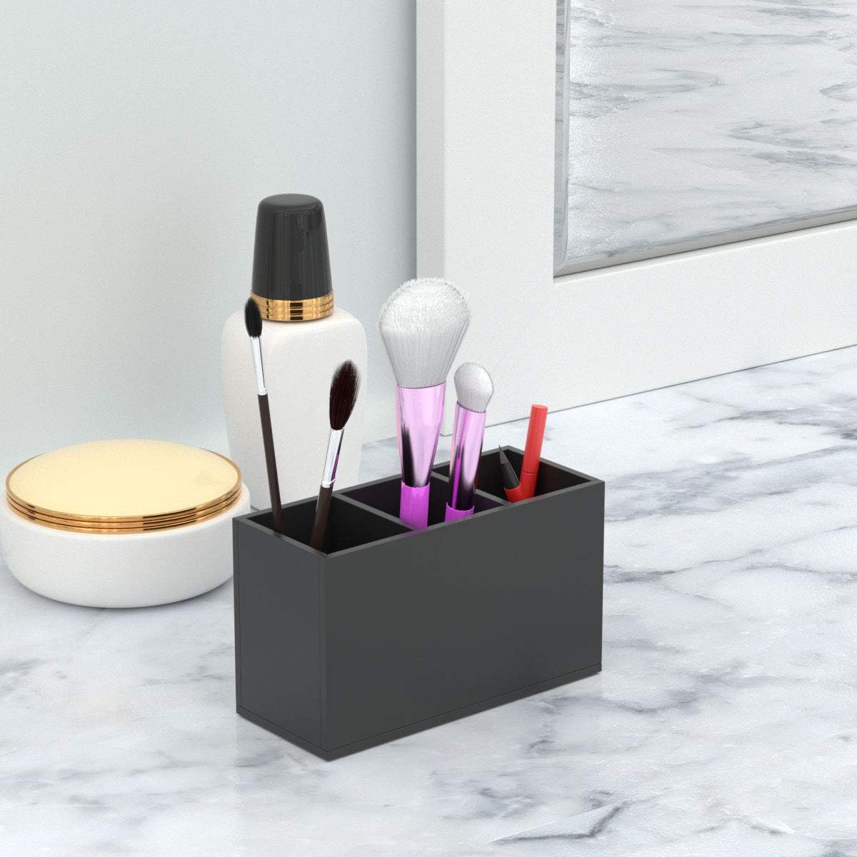 Acrylic Pen Holder 4 Compartments, Clear Desk Pencil Organizer Cup