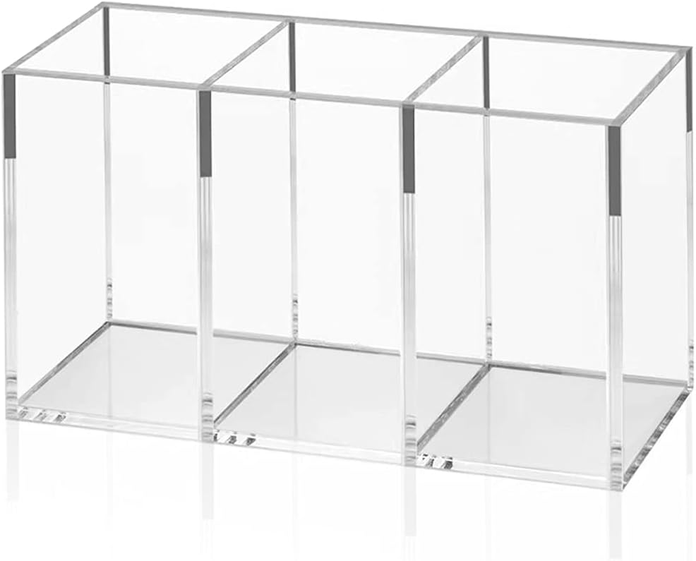 Acrylic Pen Holder 4 Compartments, Clear Desk Pencil Organizer Cup