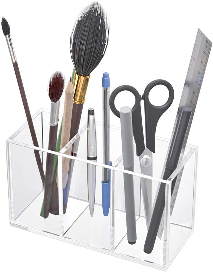 Acrylic Pen Holder 4 Compartments, Clear Desk Pencil Organizer Cup