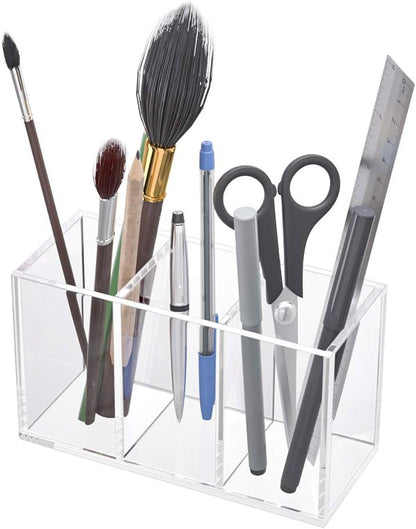 Acrylic Pen Holder 4 Compartments, Clear Desk Pencil Organizer Cup