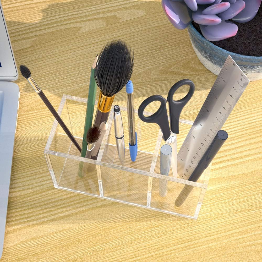 Acrylic Pen Holder 4 Compartments, Clear Desk Pencil Organizer Cup