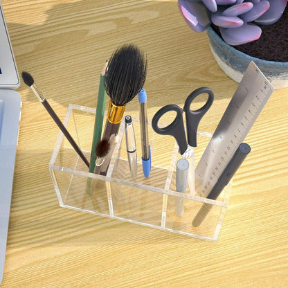 Acrylic Pen Holder 4 Compartments, Clear Desk Pencil Organizer Cup