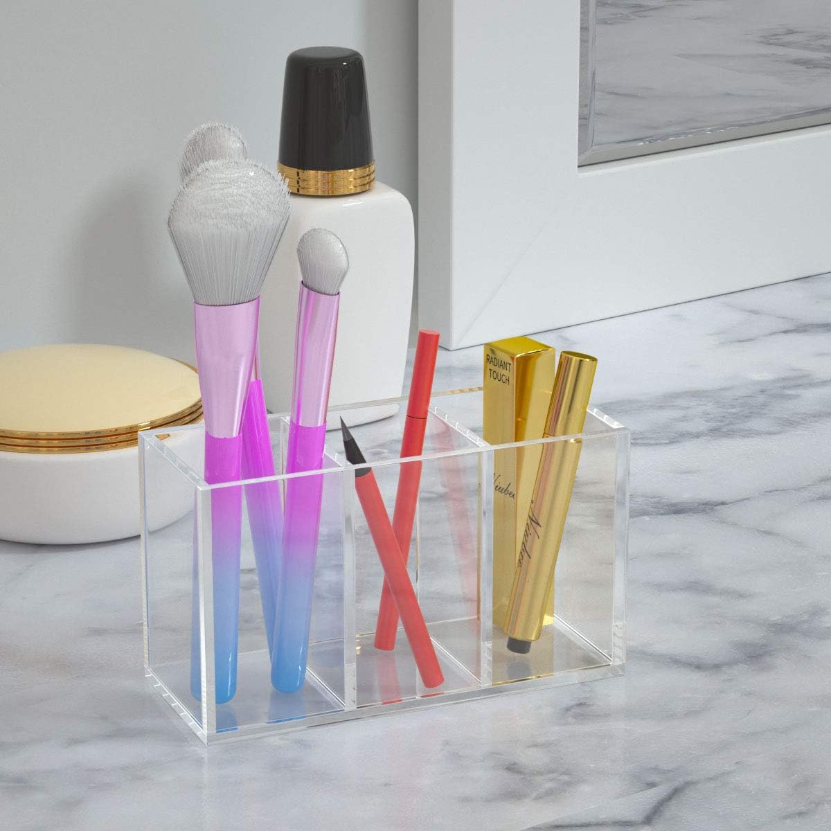 Acrylic Pen Holder 4 Compartments, Clear Desk Pencil Organizer Cup