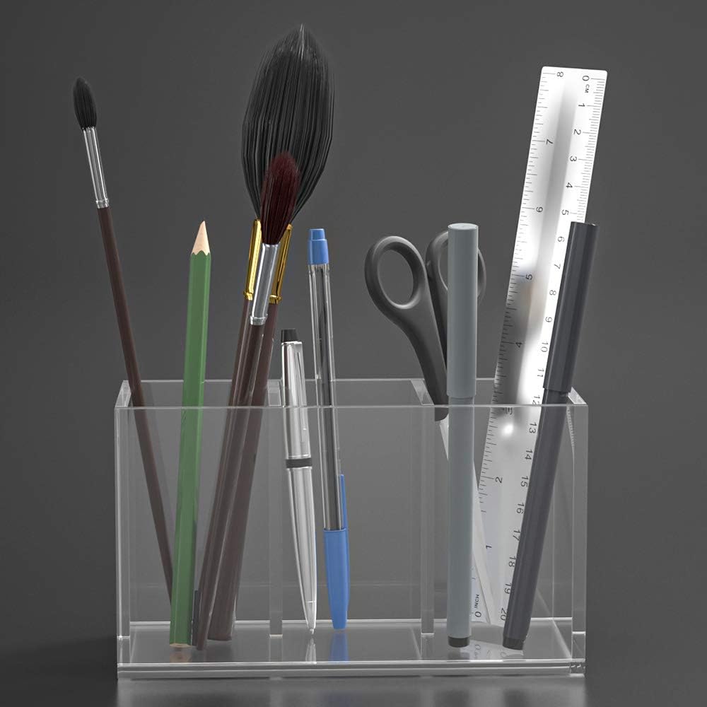 Acrylic Pen Holder 4 Compartments, Clear Desk Pencil Organizer Cup