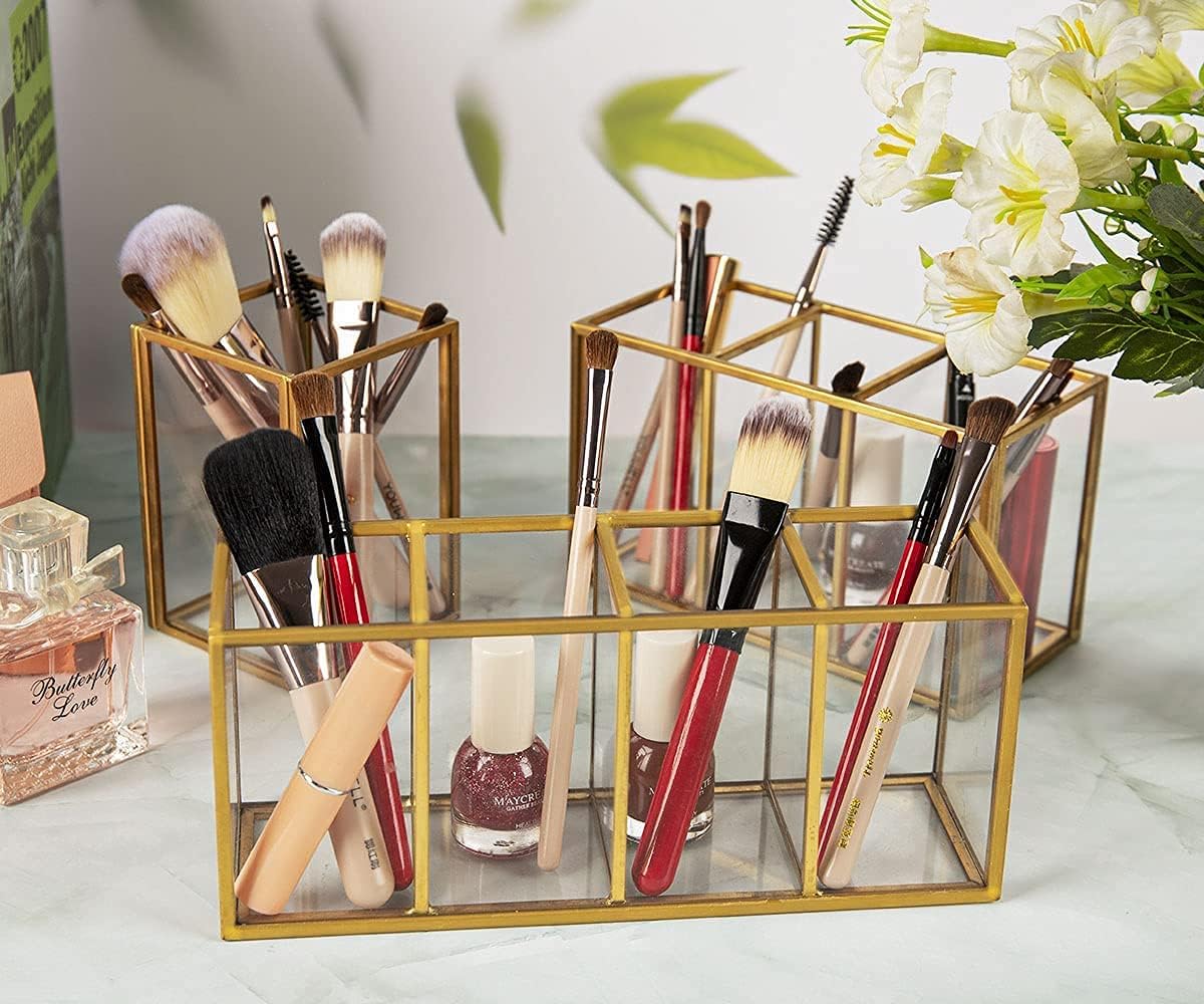 Acrylic Pen Holder 4 Compartments, Clear Desk Pencil Organizer Cup