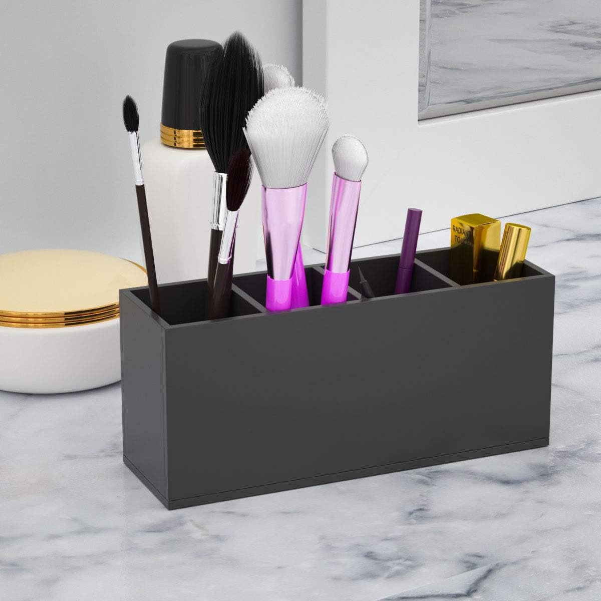 Acrylic Pen Holder 4 Compartments, Clear Desk Pencil Organizer Cup