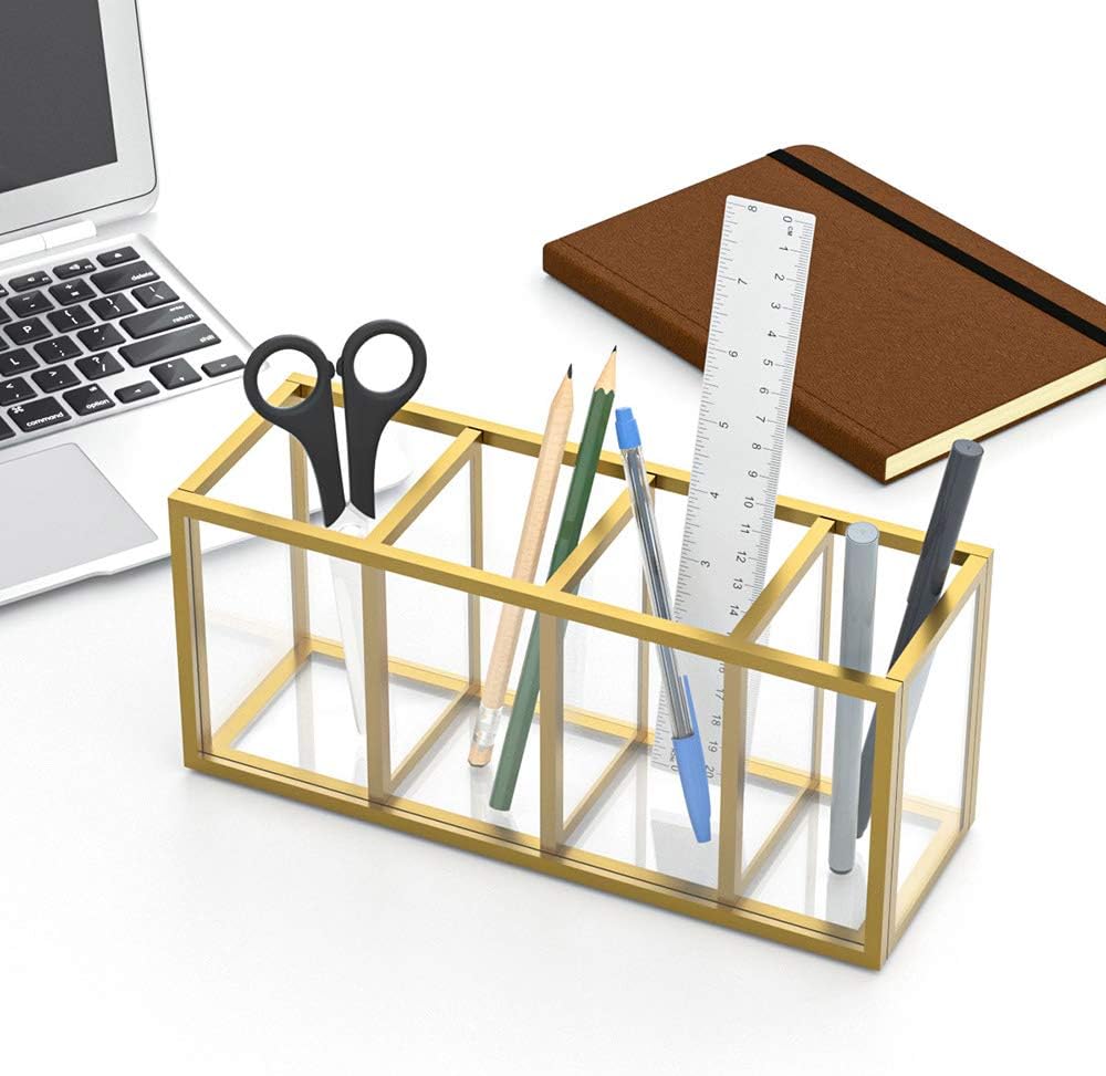 Acrylic Pen Holder 4 Compartments, Clear Desk Pencil Organizer Cup