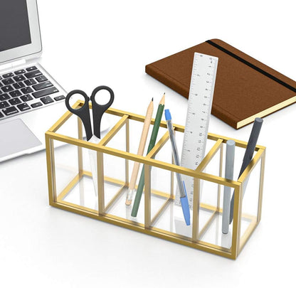 Acrylic Pen Holder 4 Compartments, Clear Desk Pencil Organizer Cup